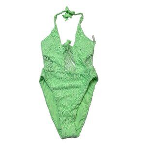 Isabella Rose Swimsuit Womens M Verona Neon Green‎ Halter Lace One Piece Plunge